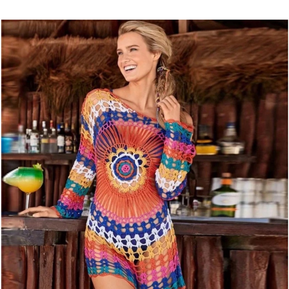 Colorful Crochet boho bohemian Cover-Up Dress top xs-small